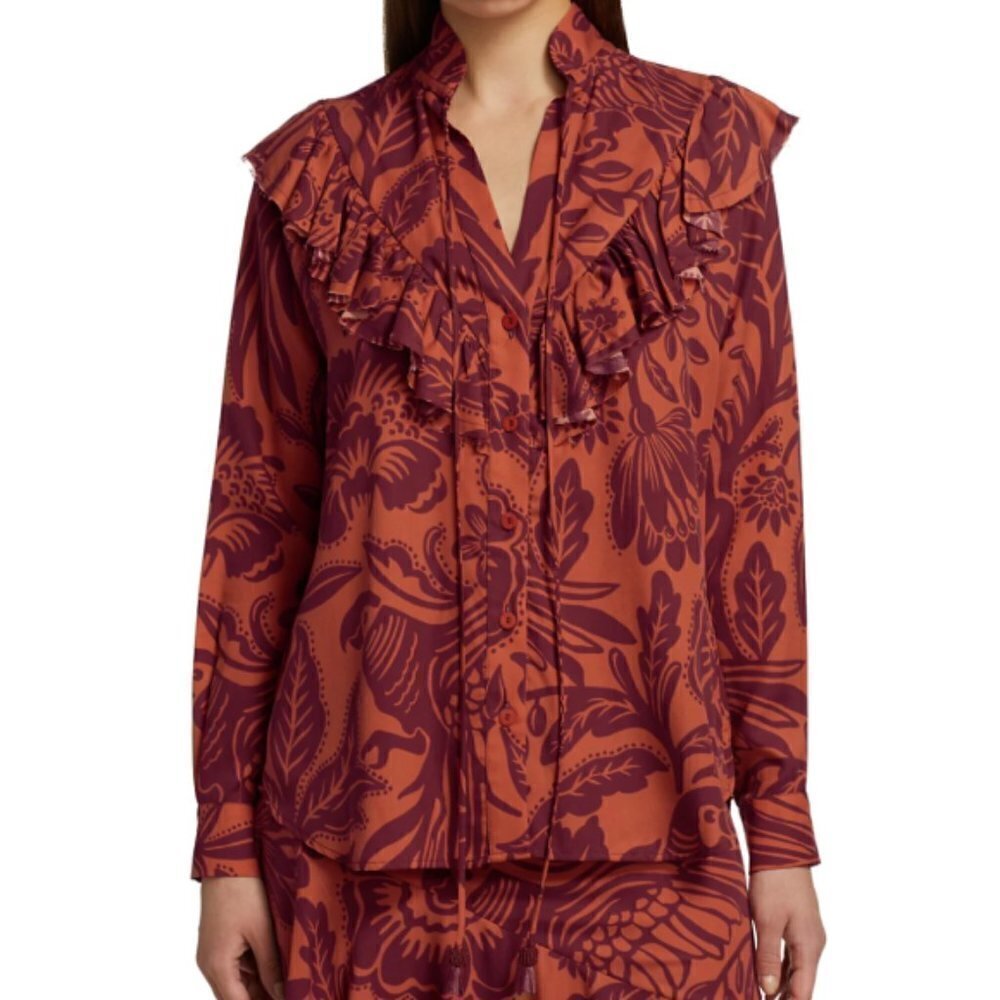 Johanna Ortiz Dreams Of Orient Ruffle Bib Blouse, Colonial Marsala